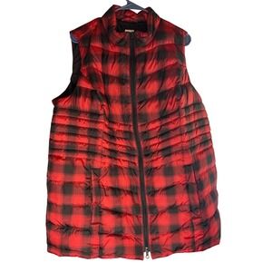 J Jill Women Red Black Buffalo Plaid Puffer Vest Down Fill Full Zip Pockets L